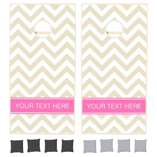 Beige Lg Chevron Hot Pink Name Monogram Cornhole Set (Set)