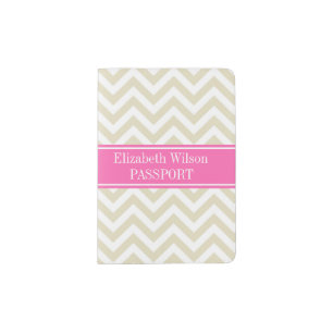 Beige Lg Chevron Hot Pink Name Monogram Passport Holder