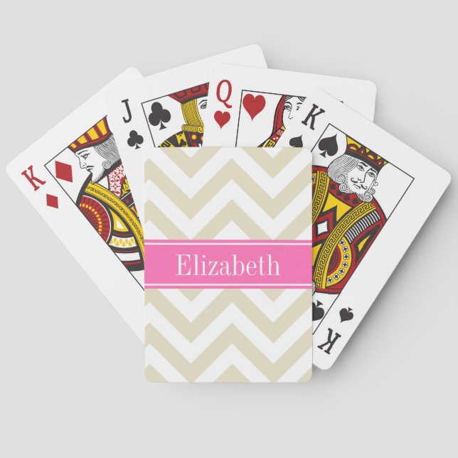 Beige Lg Chevron Hot Pink Name Monogram Poker Cards (Back)