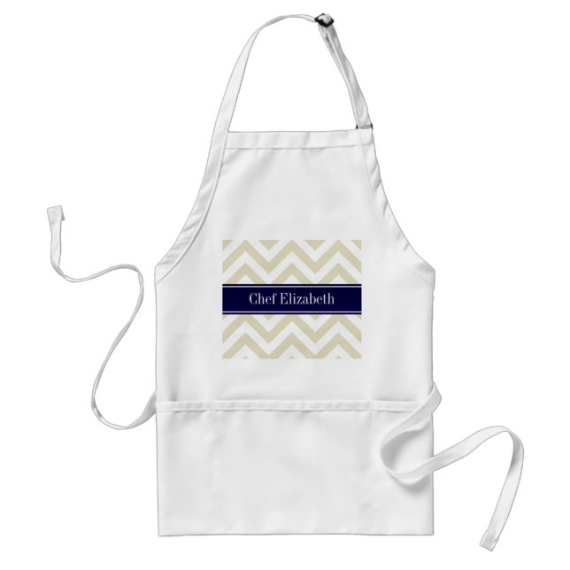 Beige Lg Chevron Navy Blue Name Monogram Adult Apron (Front)