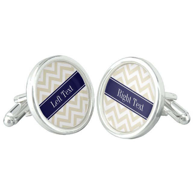 Beige Lg Chevron Navy Blue Name Monogram Cufflinks (Angled)