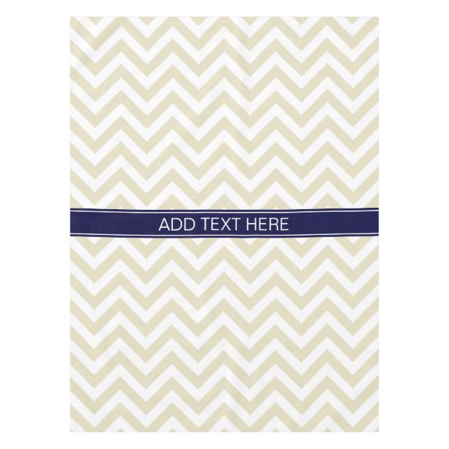 Beige Lg Chevron Navy Blue Name Monogram Tablecloth (Front)