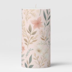Beige Light Background Floral Design Pillar Candle