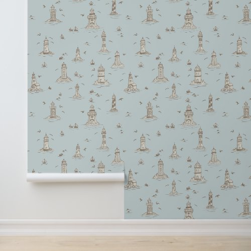Beige & Light Blue Lighthouse Coastal Toile Wallpaper