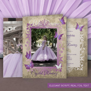 Beige, Light Purple Butterfly Border Quinceanera Foil Greeting Card