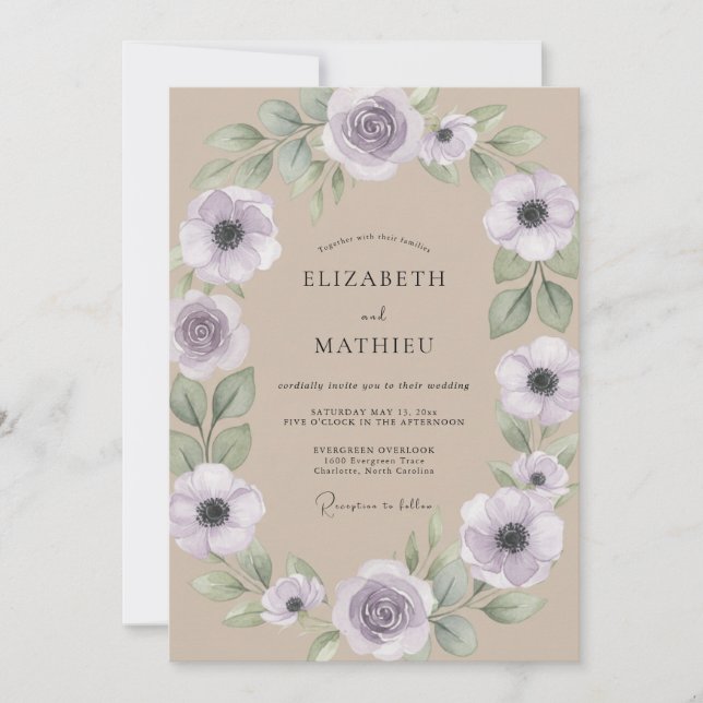 Beige Lilac Anemone Wedding Invitation (Front)