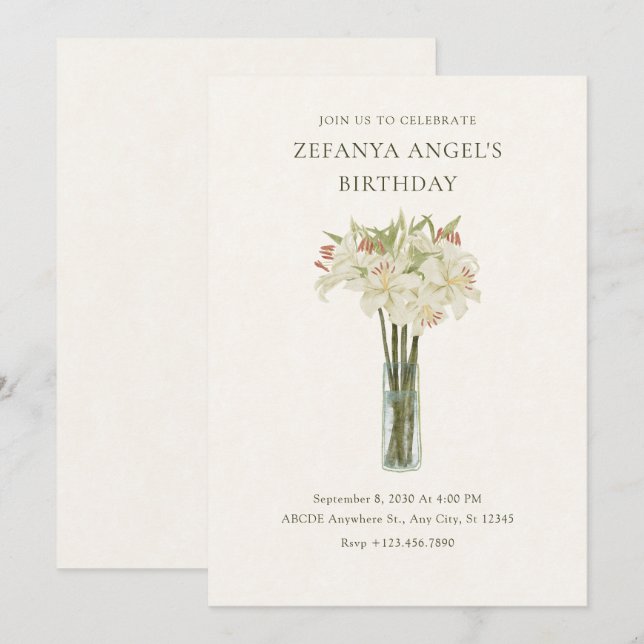 Beige lily flower in vase minimalist birthday invitation (Front/Back)