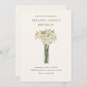 Beige lily flower in vase minimalist birthday invitation