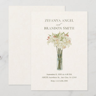 Beige lily flower in vase minimalist wedding invitation