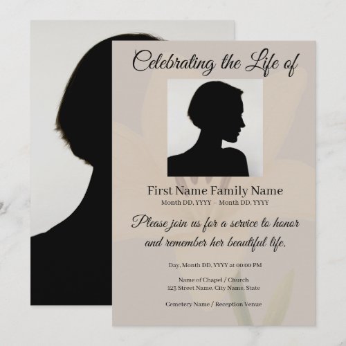 Beige lily memorial invitation