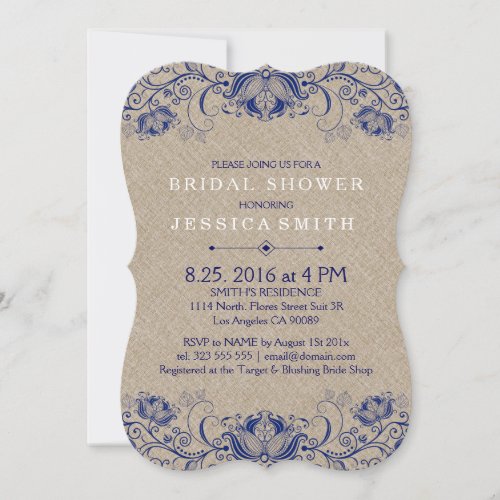 Beige Linen And Navy Blue Lace Invitation