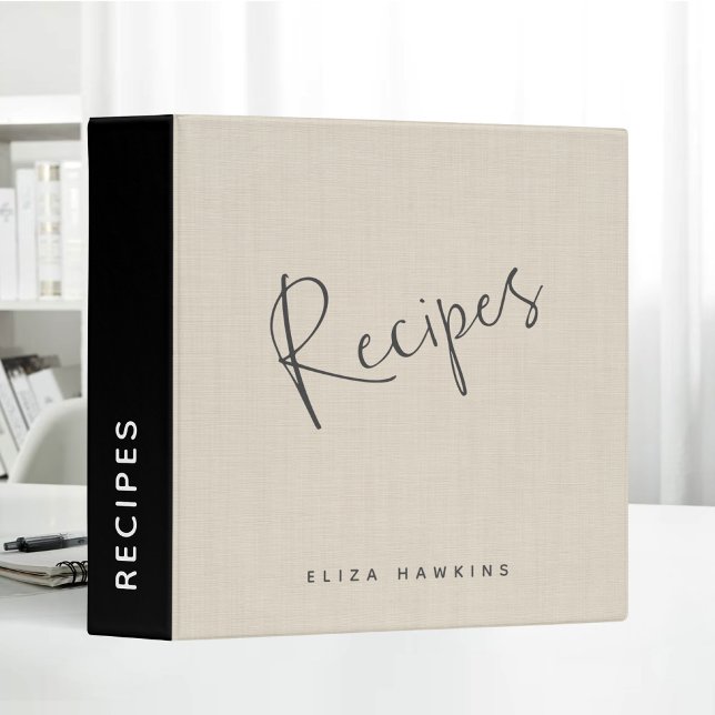 Beige Linen Black Personalized Recipe Journal 3 Ring Binder (Creator Uploaded)