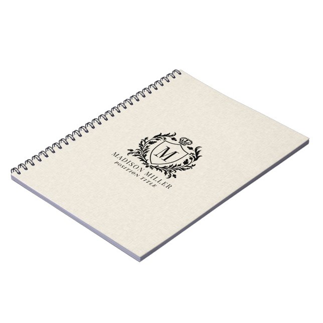 Beige Linen Black Royal Crest Scroll Monogram Notebook (Left Side)