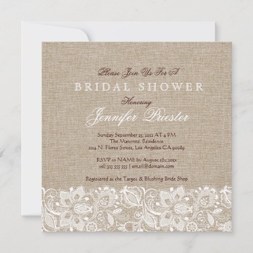 Beige Linen Burlap &amp; White Floral Lace 2 Invite