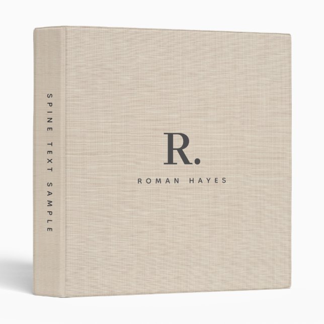 Beige Linen Cloth Texture Minimal Elegant Monogram 3 Ring Binder (Front/Spine)