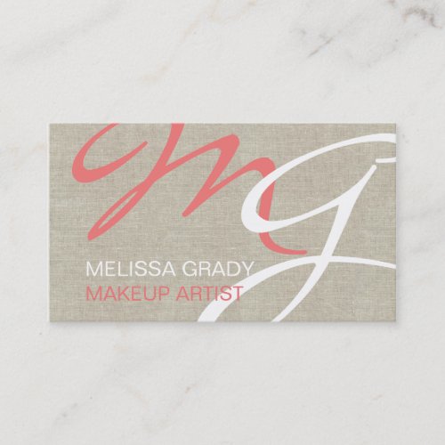 Beige Linen Coral Monogram Modern Business Card