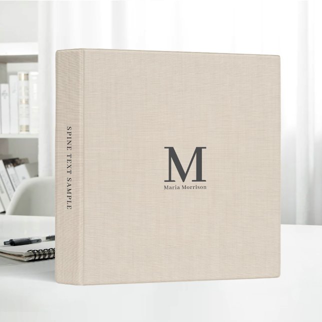 Beige Linen Creme Bold Monogram Simple Minimalist 3 Ring Binder (Creator Uploaded)