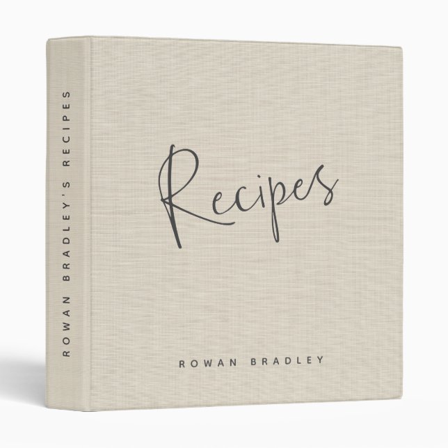 Beige Linen Creme Personalized Recipe Journal 3 Ring Binder (Front/Spine)