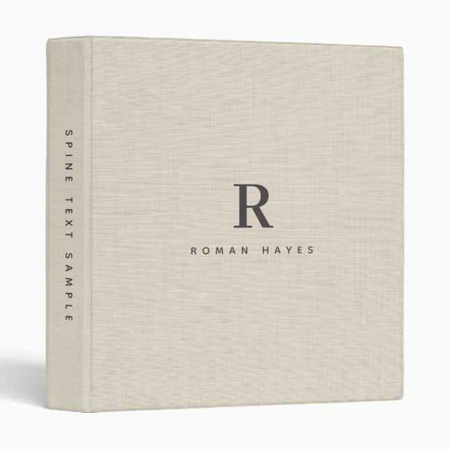 Beige Linen Creme Texture Minimal Elegant Monogram 3 Ring Binder (Front/Spine)