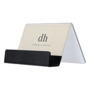 Beige Linen Creme Texture Minimal Elegant Monogram Desk Business Card Holder