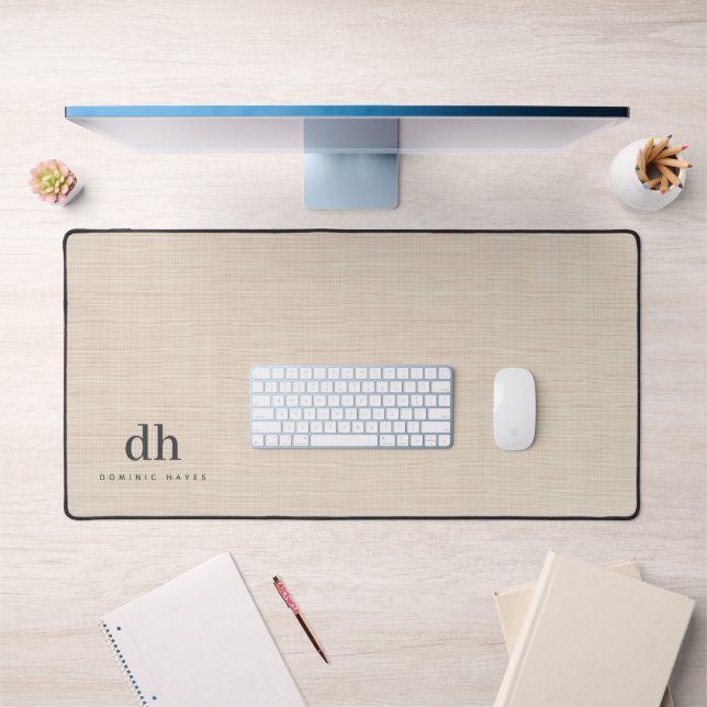 Beige Linen Creme Texture Minimal Elegant Monogram Desk Mat (Office 1)