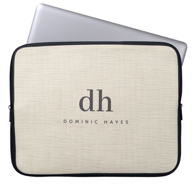 Beige Linen Creme Texture Minimal Elegant Monogram Laptop Sleeve (Front)