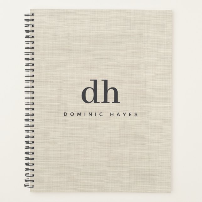 Beige Linen Creme Texture Minimal Elegant Monogram Planner (Front)