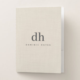 Beige Linen Creme Texture Minimal Elegant Monogram Pocket Folder