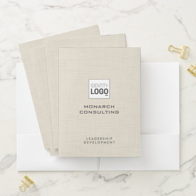 Beige Linen Creme Texture Simple Custom Logo Pocket Folder (In Situ)