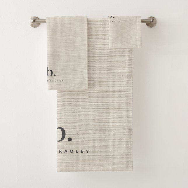 Beige Linen Creme Texture Simple Elegant Monogram Bath Towel Set (Insitu)