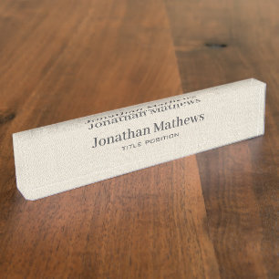 Beige Linen Creme Texture Simple Elegant Monogram Desk Name Plate