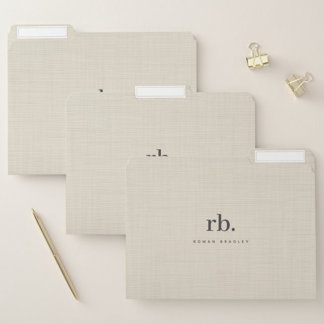 Beige Linen Creme Texture Simple Elegant Monogram File Folder (Set)