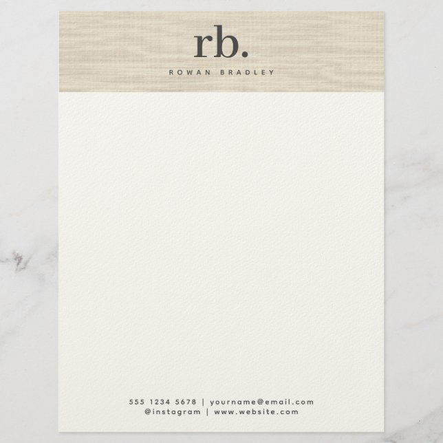 Beige Linen Creme Texture Simple Elegant Monogram Letterhead (Front)