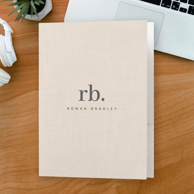 Beige Linen Creme Texture Simple Elegant Monogram Pocket Folder (Creator Uploaded)