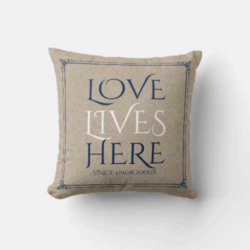 Beige Linen  Custom  Text_Love Lives Here Throw Pillow
