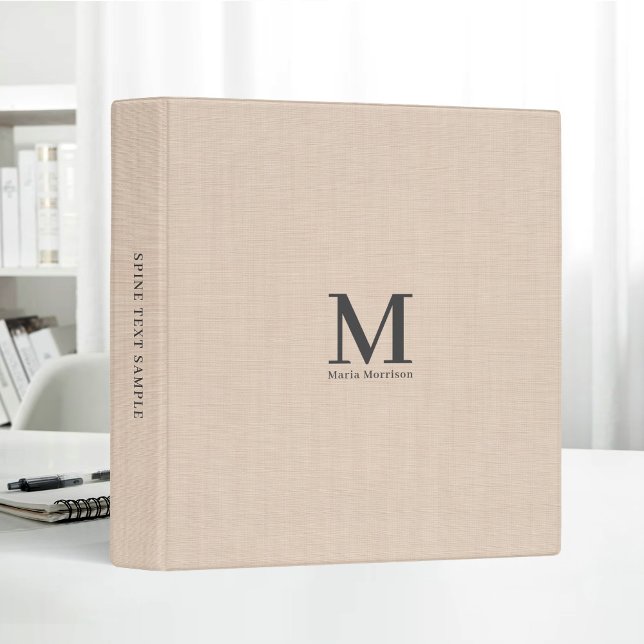 Beige Linen Dune Bold Monogram Simple Minimalist 3 Ring Binder (Creator Uploaded)