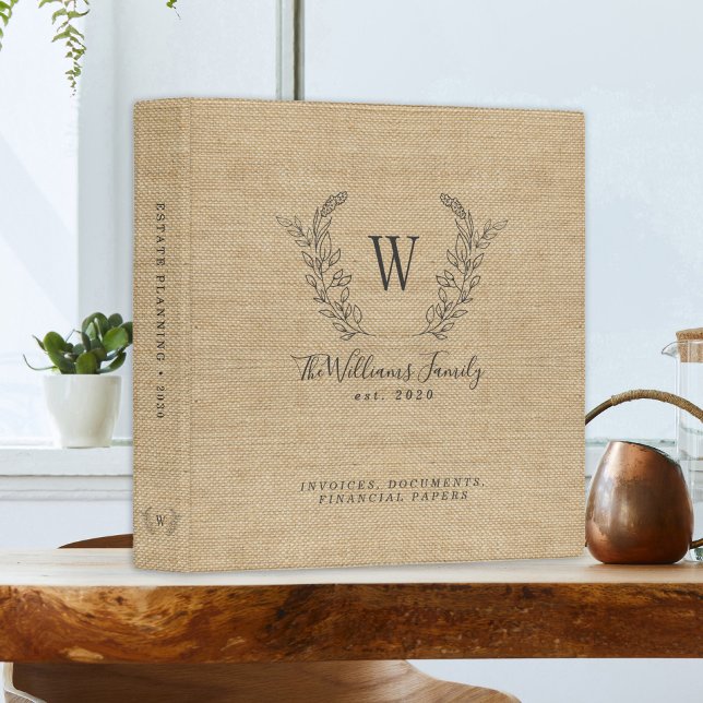 Beige linen elegant monogram estate planning 3 ring binder (Creator Uploaded)