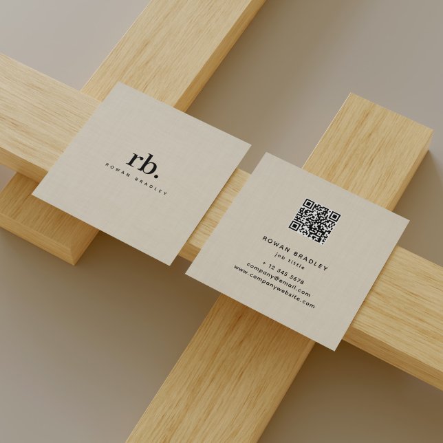 Beige Linen Fabric Effect Elegant QR Code Square Business Card (Creator Uploaded)