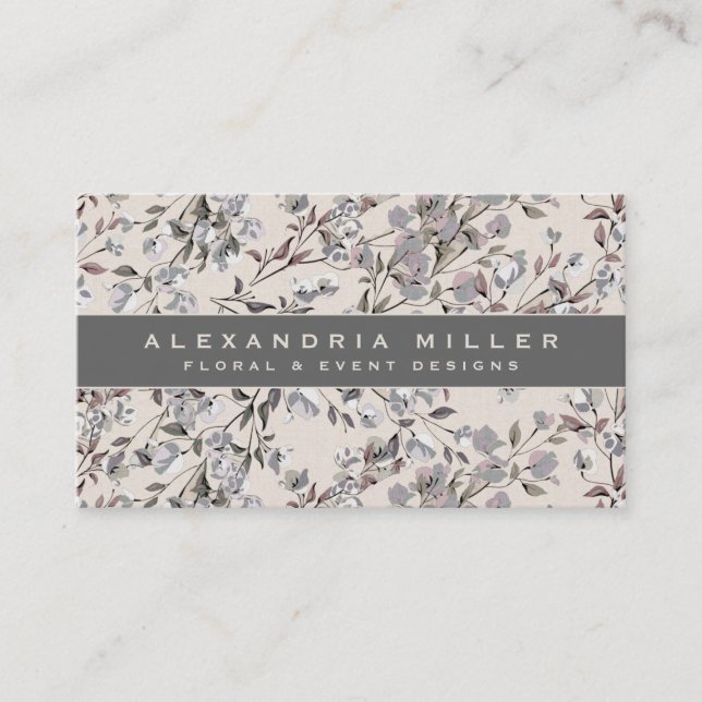 Beige Linen Floral | Gray Banner Business Card (Front)
