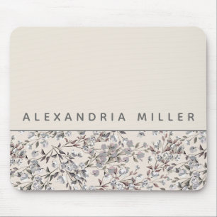 Beige Linen Floral Personalized Name Mouse Pad