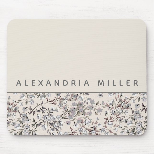 Beige Linen Floral | Personalized Name Mouse Pad (Front)