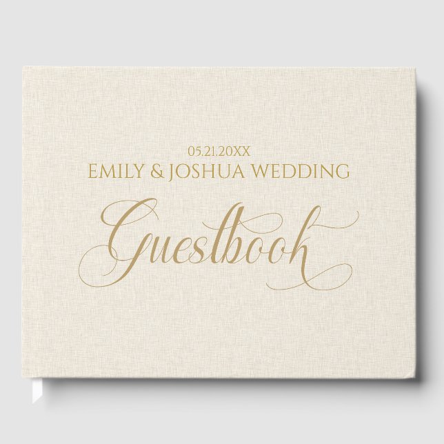 Beige Linen Gold Guestbook Script Typography (Front)