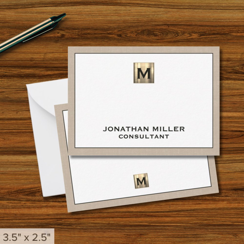 Beige Linen Gold Initial Monogram Note Card - Product | North Red Vine