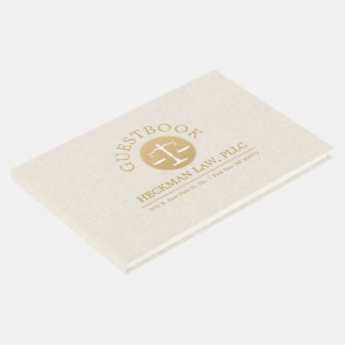Beige Linen Gold Justice Logo Guest Book