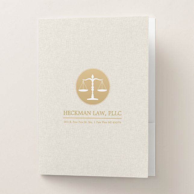 Beige Linen Gold Justice Logo Pocket Folder (Front)