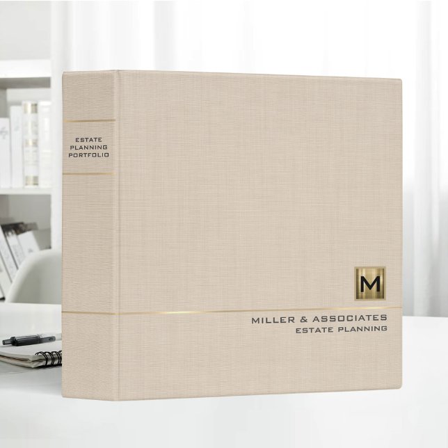 Beige Linen Gold Logo Initial Estate Planning 3 Ring Binder (Creator Uploaded)