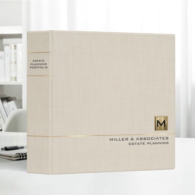 Beige Linen Gold Logo Monogram Estate Planning 3 Ring Binder (Creator Uploaded)
