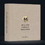 Beige Linen Gold Monogram Family Recipe 3 Ring Binder<br><div class="desc">Modern recipe binder features a brushed gold metallic monogram on a neutral beige linen print. Custom family name presented in the center in stylish simple font with a complimentary metallic gold monogram medallion. Shown with a custom name and monogram initial on the front in modern typography, this personalized family recipe...</div>