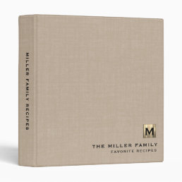 Beige Linen Gold Monogram Family Recipe 3 Ring Binder