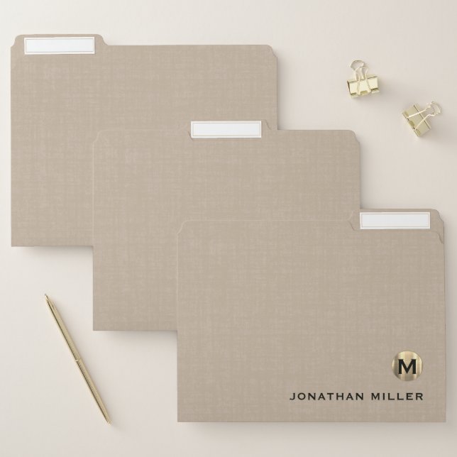 Beige Linen Gold Monogram File Folder (Set)